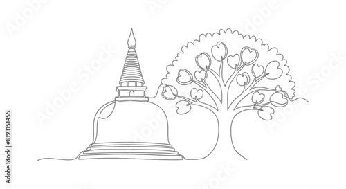 Line Art Stupa and Tree Illustration.