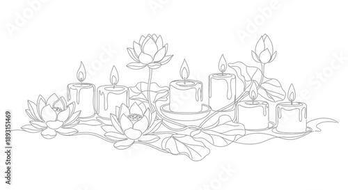 Line Art Candles and Lotus Flowers Illustration.