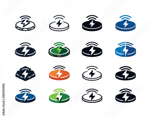 Device Charging Logos. Setting up a charging station for devices. Icon set. Set Logo of setting up a charging station for devices: wireless charging pad with