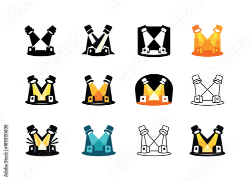 Indie Music Icons. Indie music. Icon set. Set Logo of indie music: stage spotlight beam. harmonious logo variations of the same emblematic concept, each with