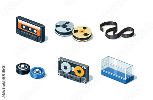 Analog Sound Icons. Analog Sound. Isometric flat vector icons set of Analog Sound: audio cassette housing, rotating tape reels, magnetic tape strip, cassette