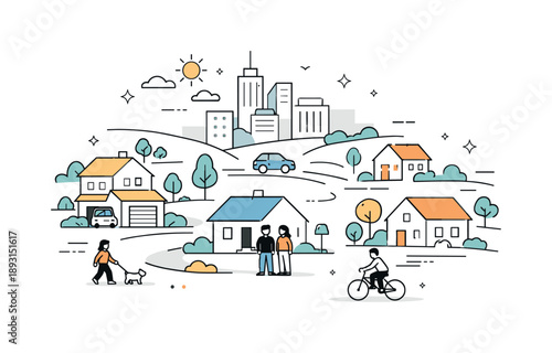 Suburban Growth Illustration. Suburban expansion. New housing areas spreading from the city center, quiet growth and everyday life. Minimal landscape with