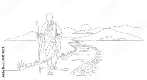 Man Walking with Staff on Path.