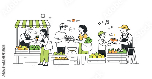 Farmers Market Exchange. Community farmers market. Local people exchanging food at simple stalls, crates of fruits and greens neatly arranged, calm