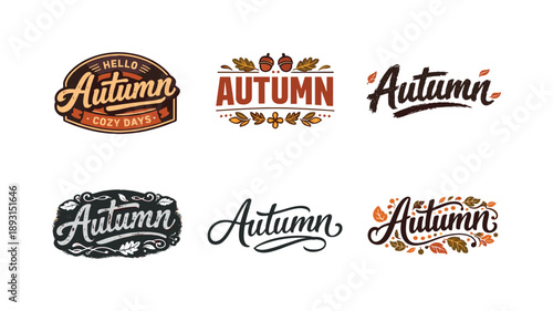 Autumn Lettering Variations. Handcrafted Autumn. Set lettering. harmonious lettering variations of the same emblematic concept, each with different artistic