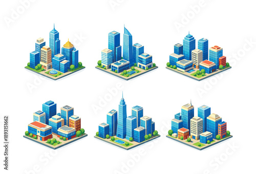 Business City Icons. Business city. Isometric flat vector icons set of Business city: financial district skyline, corporate towers skyline, business downtown