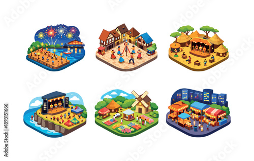 Festival Icon Set. Festival destinations. Isometric flat vector icons set of festival destinations: riverbank fireworks festival, old town folk dance festival,