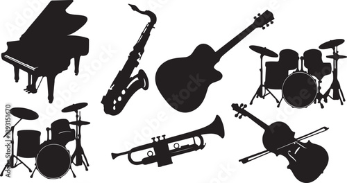 Collection of hand-drawn vector doodles depicting musical instruments and equipment like guitars, drums, microphones, and headphones, with sound waves and musical notes.