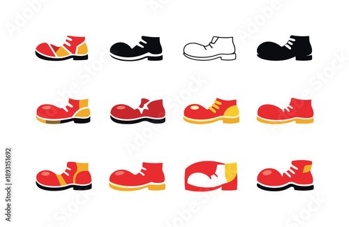 Clown Shoes Icon Set. Clown shoes. Icon set. Set Logo of Clown shoes: side view of exaggerated shoe sole. harmonious logo variations of the same emblematic