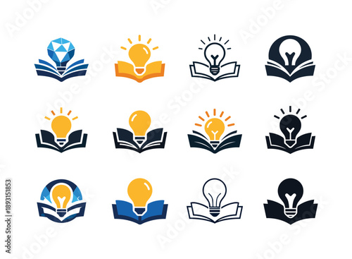 Interactive Textbook Logos. Interactive textbooks. Icon set. Set Logo of Interactive textbooks: lightbulb emerging from book. harmonious logo variations of the