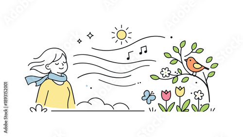 Spring Breeze Arrival. Spring breeze arrival scene. Smooth flowing air lines replacing rough winter gusts, suggesting warmth, movement, and comfort. Friendly
