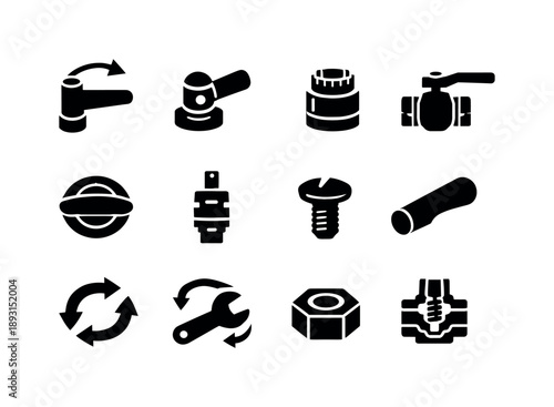 Handle Mechanism Icons. Handle mechanisms. Solid icon set of Handle mechanisms: rotating handle, pivot joint, cartridge icon, ball valve mechanism, disc valve,