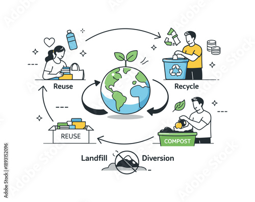 Circular Economy Strategies. Landfill diversion strategies and alternatives. An abstract editorial scene with arrows looping materials from use to reuse,