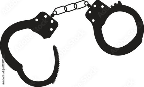 Black handcuffs silhouette vector illustration featuring open steel cuffs and chain links isolated on white for law enforcement, criminal justice, security, and legal concept designs.