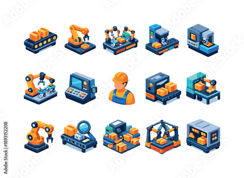 Isometric Factory Icons Set. Factory Assembly Line. Colorful isometric vector icons set of Factory Assembly Line: conveyor belt, robotic arm, production line,
