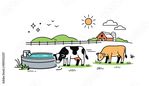 Farm Life Simplicity. Everyday farm routine. A watering trough placed near pasture land suggests regular animal care and quiet responsibility. The scene feels
