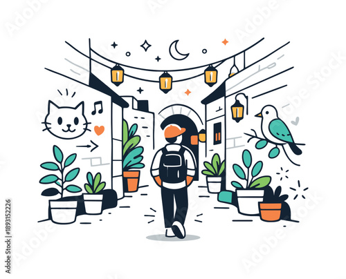 Hidden Urban Oasis. Exploring hidden city corners. A person walks through a narrow alley with plants, street art, and warm lights, revealing a secret urban