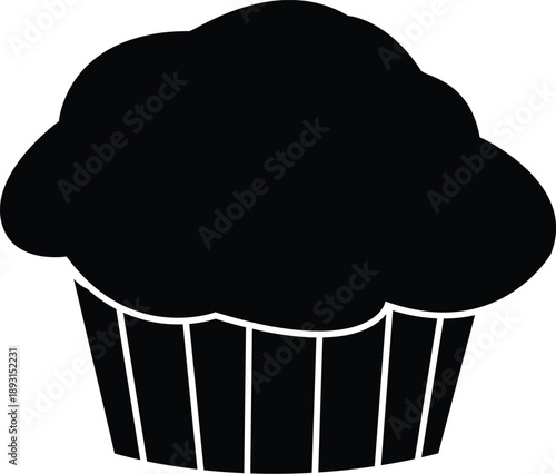 Minimalist muffin silhouette vector illustration featuring a bold black outline of a breakfast pastry with a pleated wrapper isolated on white for bakery menus and cafe branding graphics.