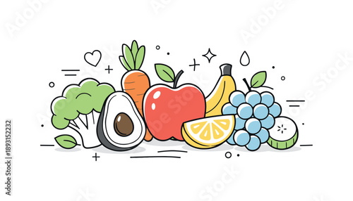 Fresh Fruit Medley. Healthy food concept. Assorted fruits and vegetables are grouped neatly, creating a fresh and inviting composition. Nutrition, wellbeing,
