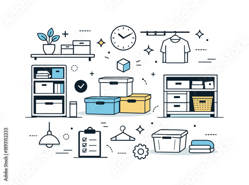 Modular Home Organization. Customizable home storage solutions. An abstract composition of shelves, boxes, and icons arranged in a balanced grid. The scene