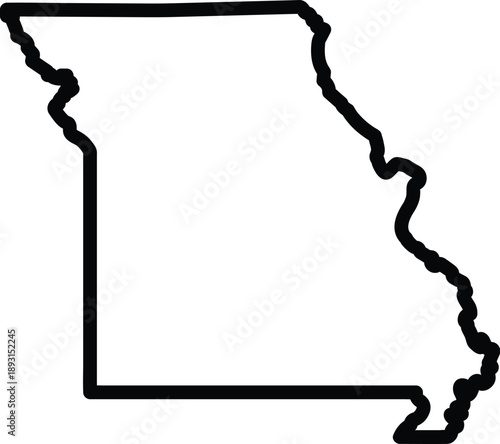 Clean Missouri state map outline vector illustration featuring a bold black silhouette of the MO border isolated on white for geographic education, regional travel, and local pride graphics.