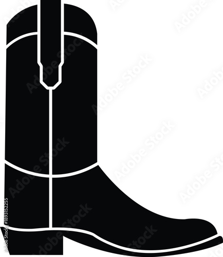 Classic cowboy boot silhouette vector illustration featuring western style stitching and a high heel isolated on white for country music themes, rodeo events, and rustic fashion branding.