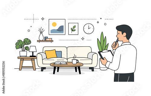 Cozy Modern Living Room. Interior design illustration. A cozy modern living room with sofa, plants, and wall art arranged neatly, a character calmly reviewing