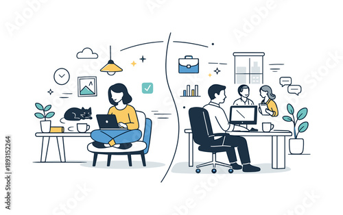 Hybrid Work Balance. Hybrid work lifestyle. A split scene showing home workspace on one side and office elements on the other, smoothly connected.