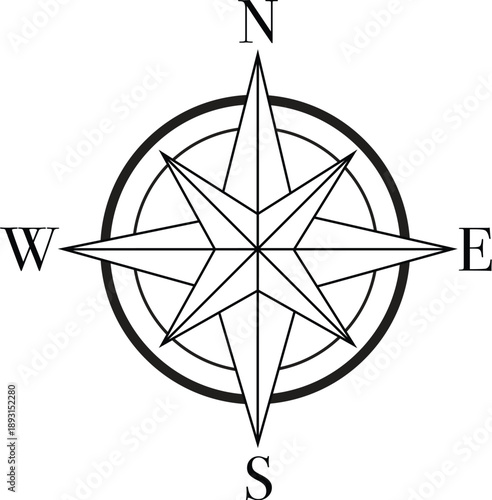 Classic nautical compass rose vector illustration with cardinal directions north south east west for maritime navigation, travel maps, explorer themes, and adventure branding design elements.