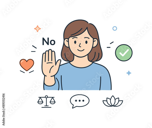 Calmly Saying No. Healthy boundaries in communication. A person calmly says no while maintaining a friendly expression. Self-respect, clarity, and emotional
