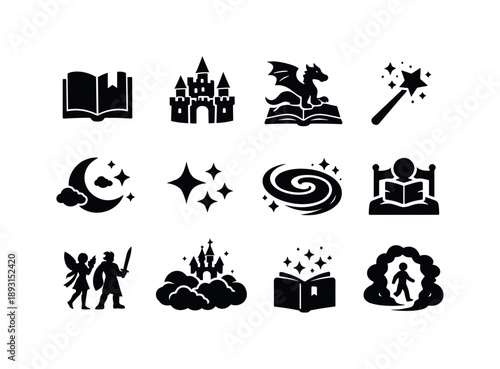 Fairy Tale Icons. Fairy tale night. Solid icon set of Fairy tale night: fairy tale book, castle illustration, dragon story icon, magic wand, moonlit sky, stars