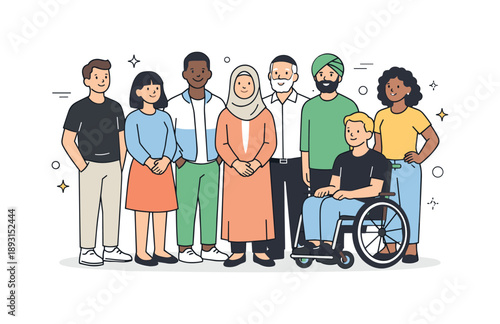 Diverse Unity Illustration. Diverse people standing together. A line-up or casual circle of characters representing various ethnicities and cultures, with