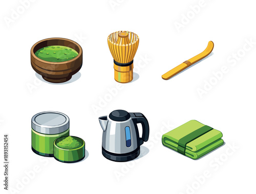 Isometric Matcha Tea Icons. Matcha Tea. Isometric flat vector icons set of matcha tea: ceramic matcha bowl chawan, bamboo whisk chasen, bamboo scoop chashaku,