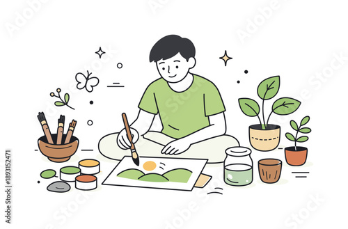 Eco-Friendly Painting Session. Eco-friendly art therapy session. A person calmly painting with natural pigments and brushes made from wood, surrounded by