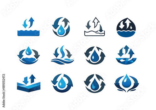 Evaporation & Condensation Icons. Evaporation and condensation. Icon set. Set Logo of Evaporation and condensation: arrows cycling between liquid and vapor.