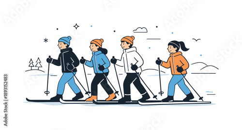 Cross-Country Skiing Team. Group cross-country skiing together. A small group skiing side by side across a snowy landscape. Calm winter movement and shared