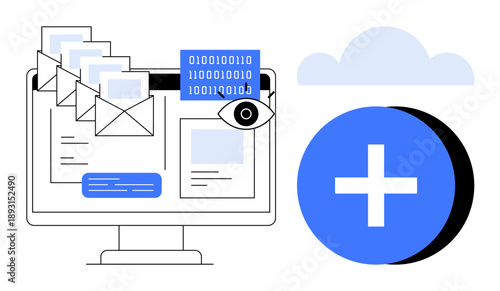 Cloud storage. Cloud storage with digital emails, binary code, and a plus icon. Cloud storage enables safe data sharing, secure backups, and digital communication. For technology, IT systems data