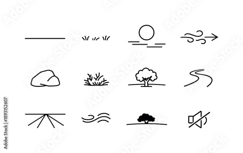 Minimalist Landscape Icons. Empty landscape. Line icon set of Empty landscape: flat plain, minimal grass lines, wide horizon, lone stone, sparse bush, open