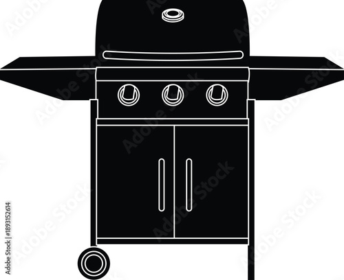 Black silhouette of a modern outdoor gas grill for summer barbecue cooking and backyard entertaining design concepts isolated on white background