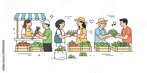 Farmers Market Exchange. Community farmers market. Local people exchanging food at simple stalls, crates of fruits and greens neatly arranged, calm