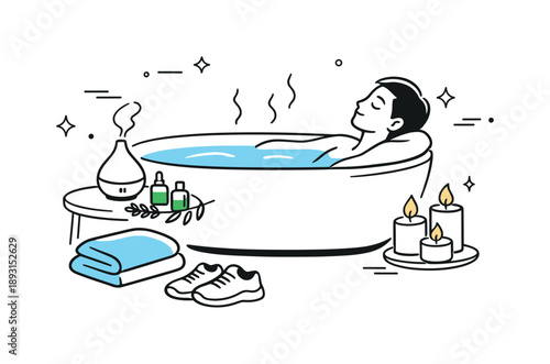 Serene Aromatherapy Bath. Relaxing aromatherapy bath. Person leaning back in a modern bathtub with candles and essential oils nearby, creating a serene