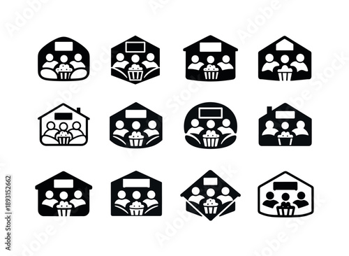 Cozy Movie Night Icons. Friends enjoying a cozy movie night at home with popcorn and blankets. Icon set. Set Logo of Friends enjoying a cozy movie night at