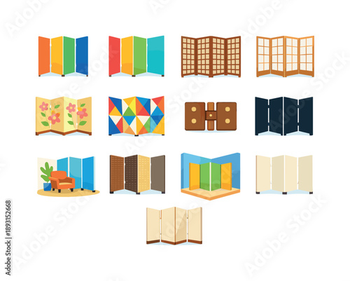 Colorful Folding Screen Icons. Folding screen. Colorful flat vector icons set of folding screen: three-panel screen, four-panel screen, lattice pattern panel,