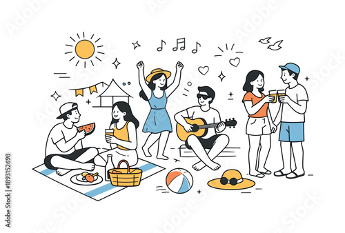 Summer Festival Fun. Summer celebration. Friends gathered at a picnic or festival with light clothes and sun elements around. Bright energy, relaxed joy, and