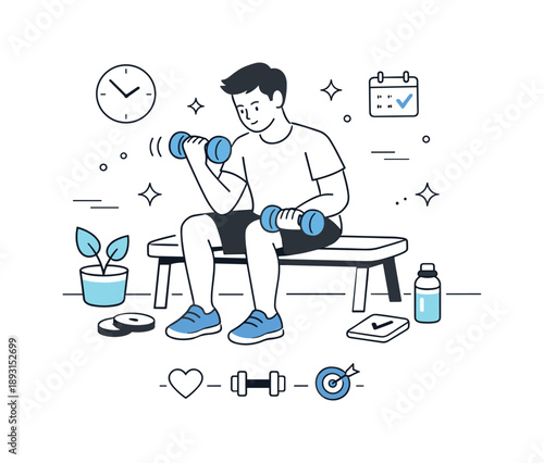 Home Strength Training. Strength training at home. A person lifting light weights with controlled movement and focus. The scene emphasizes consistency,