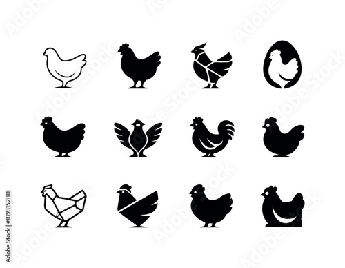 Chicken Logo Variations. Chickens. Icon set. Set Logo of chickens: farm chicken silhouette. harmonious logo variations of the same emblematic concept, each