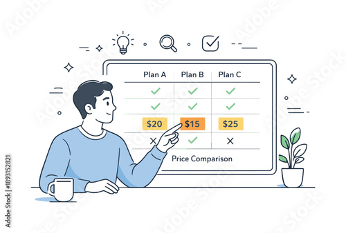 Calm Price Analysis. Price comparison chart. A person calmly reviewing a price chart on a screen, pointing at highlighted differences. The mood conveys