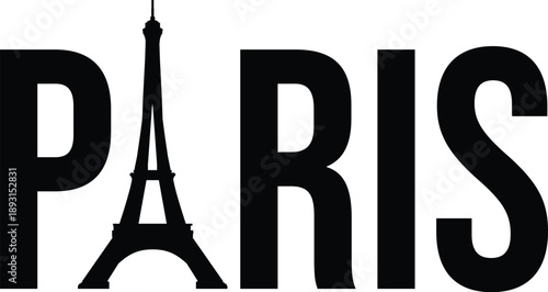 Paris typography with Eiffel Tower icon for France travel destination and European tourism branding design concepts