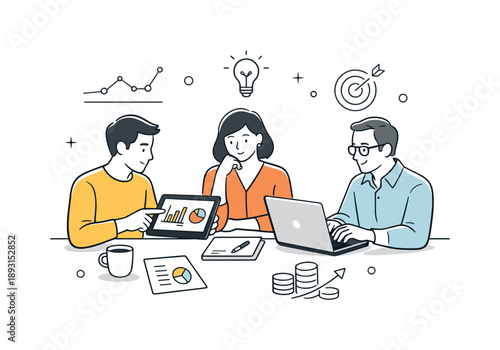 Startup Strategy Session. Startup investment meeting. A small group analyzing charts and graphs on a tablet or laptop. Calm decision-making and strategic