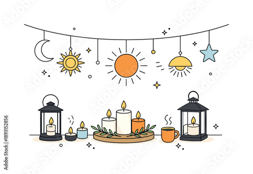 Winter Solstice Decor. Winter solstice celebration decor. A simple party setup with lanterns, candles, and abstract sun symbols hanging as decorations. Calm